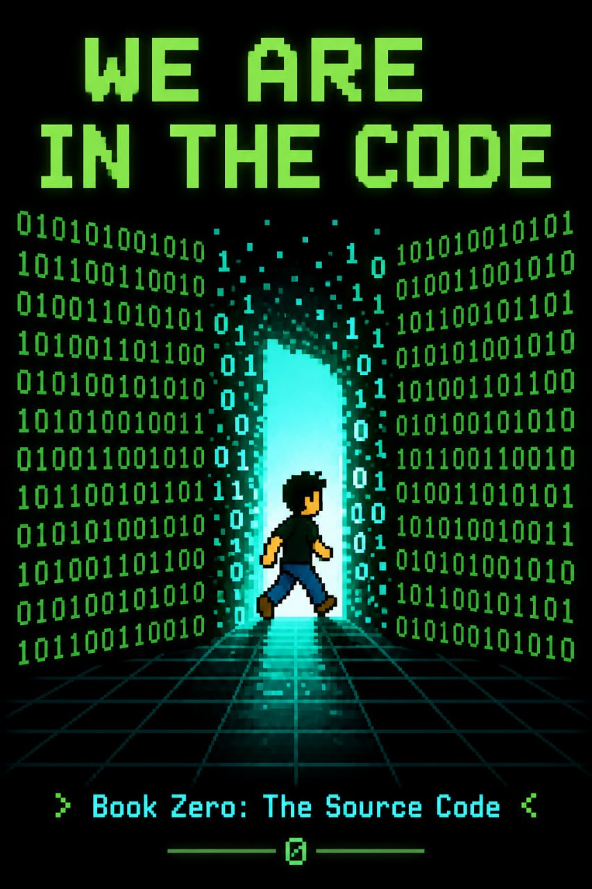 Cover of We Are in the Code: a pixel-art figure walking into a glowing green binary-code portal.